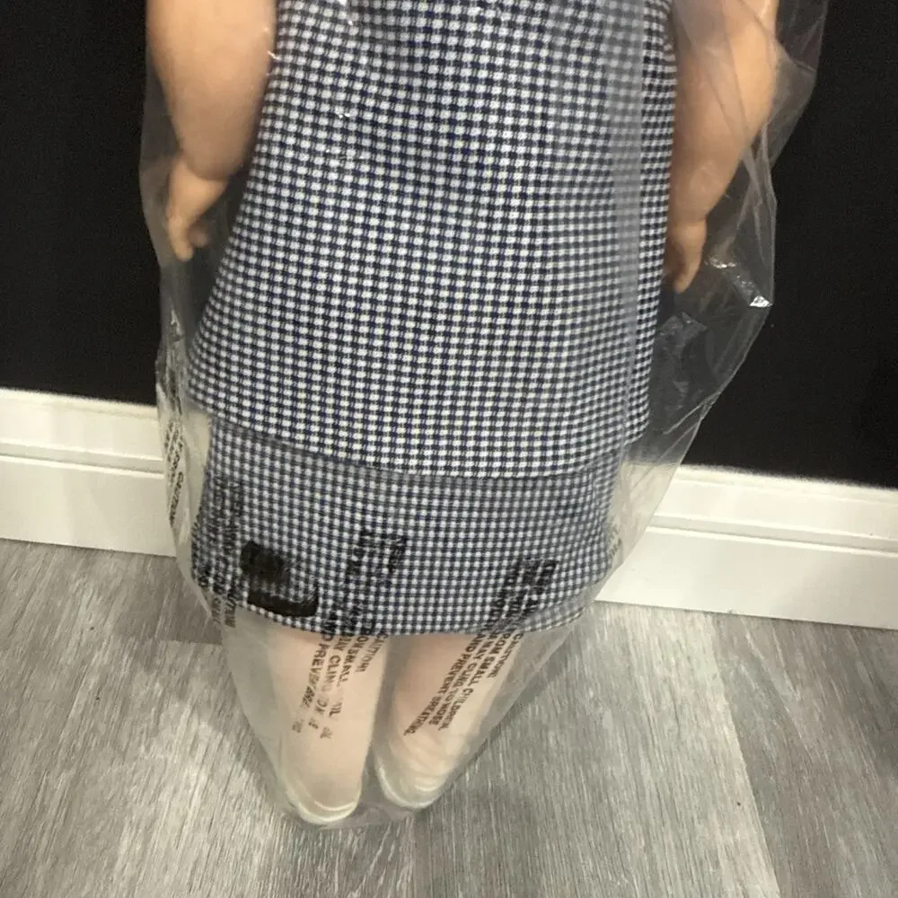 Vintage 19” Hard Plastic Blonde Girl Doll Blue Gingham Dress Red Trim *